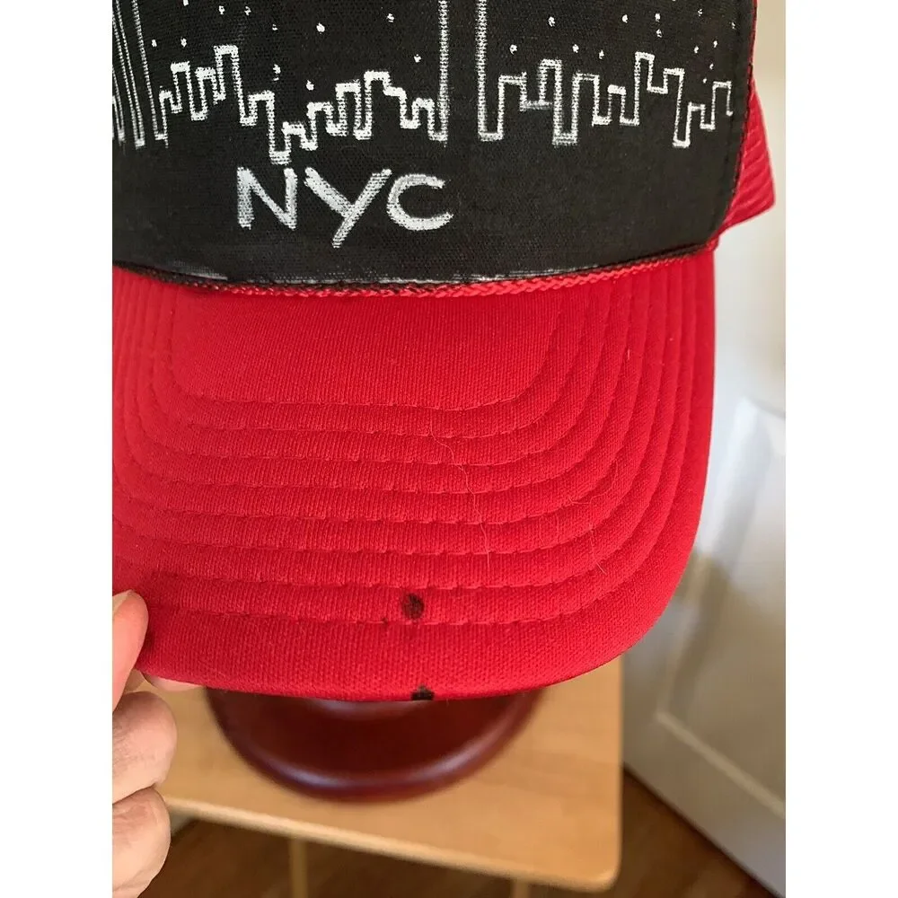 Vintage Hand Painted Nissan Trucker Cap Red/Black NYC Skyline - Picture 6 of 7